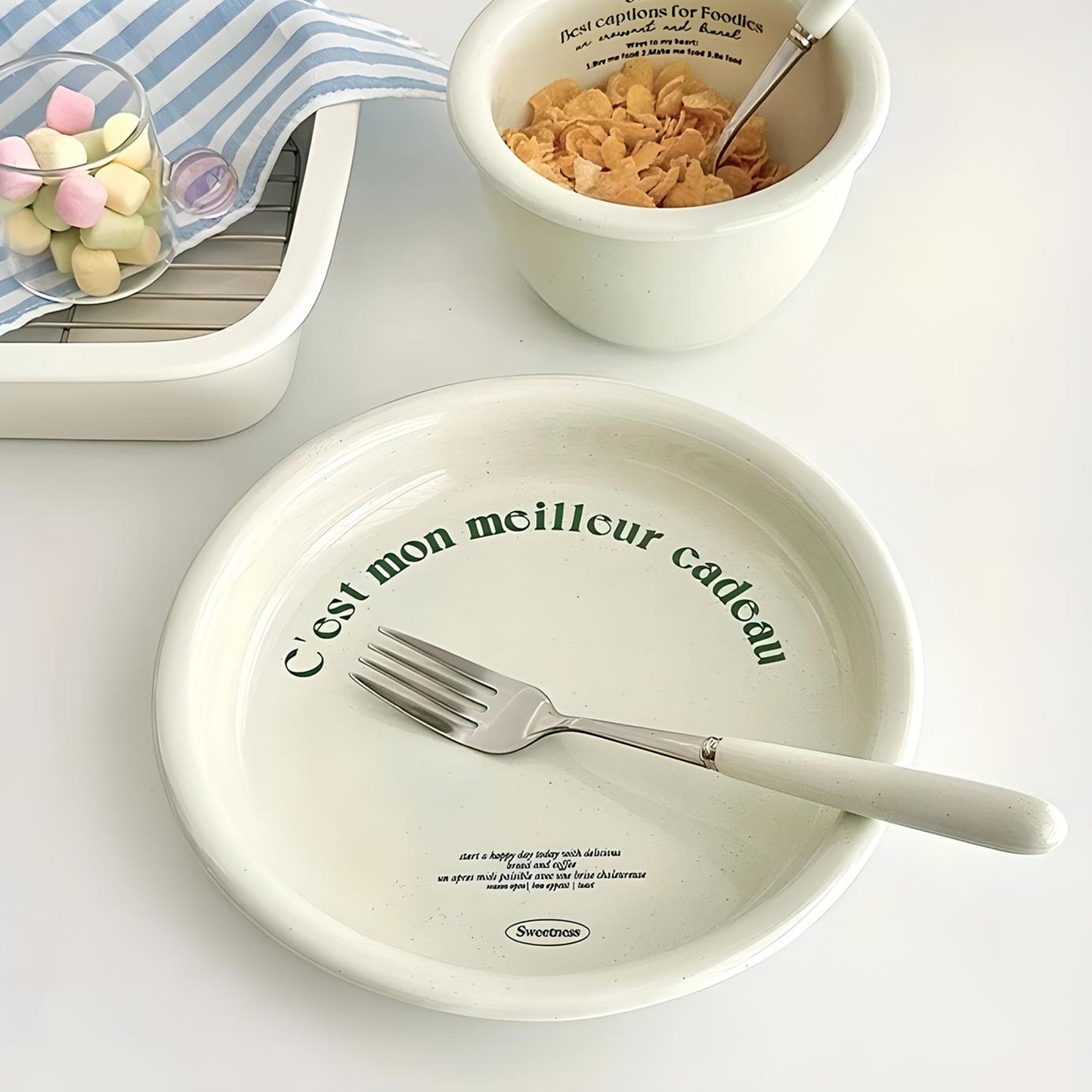 Milk Green Ceramic Dish and Cutlery Set