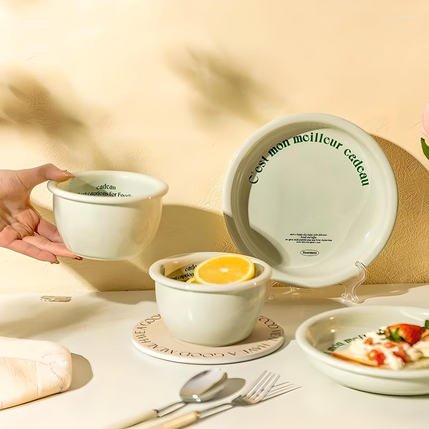 Milk Green Ceramic Dish and Cutlery Set