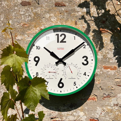 Factory Outdoor Green - Diameter 11.81 - Wall Clock - Weather-Ready Station with Hygrometer & Temperature